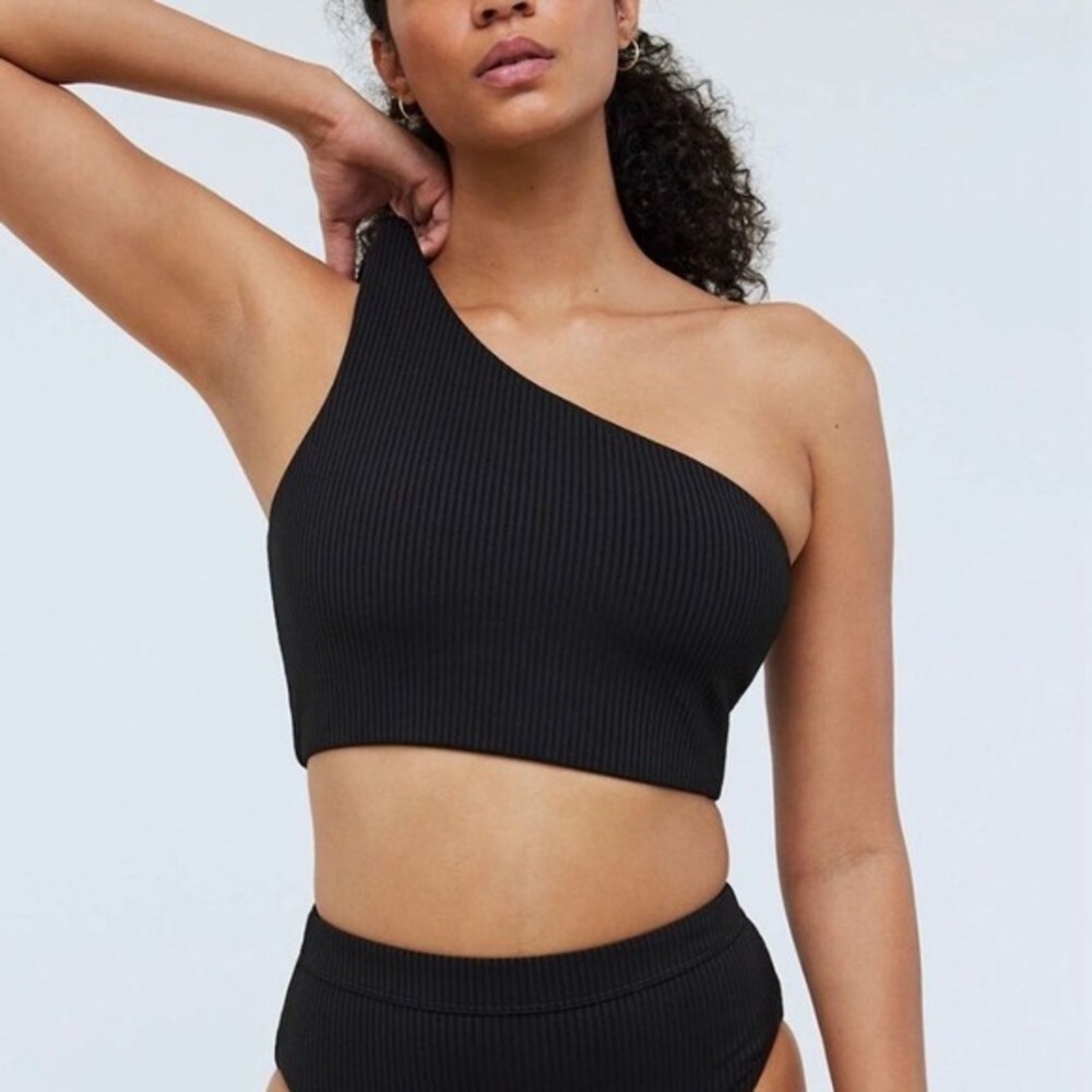 NWOT Madewell Women's Black Ribbed One-Shoulder Longline Bikini Top Size S